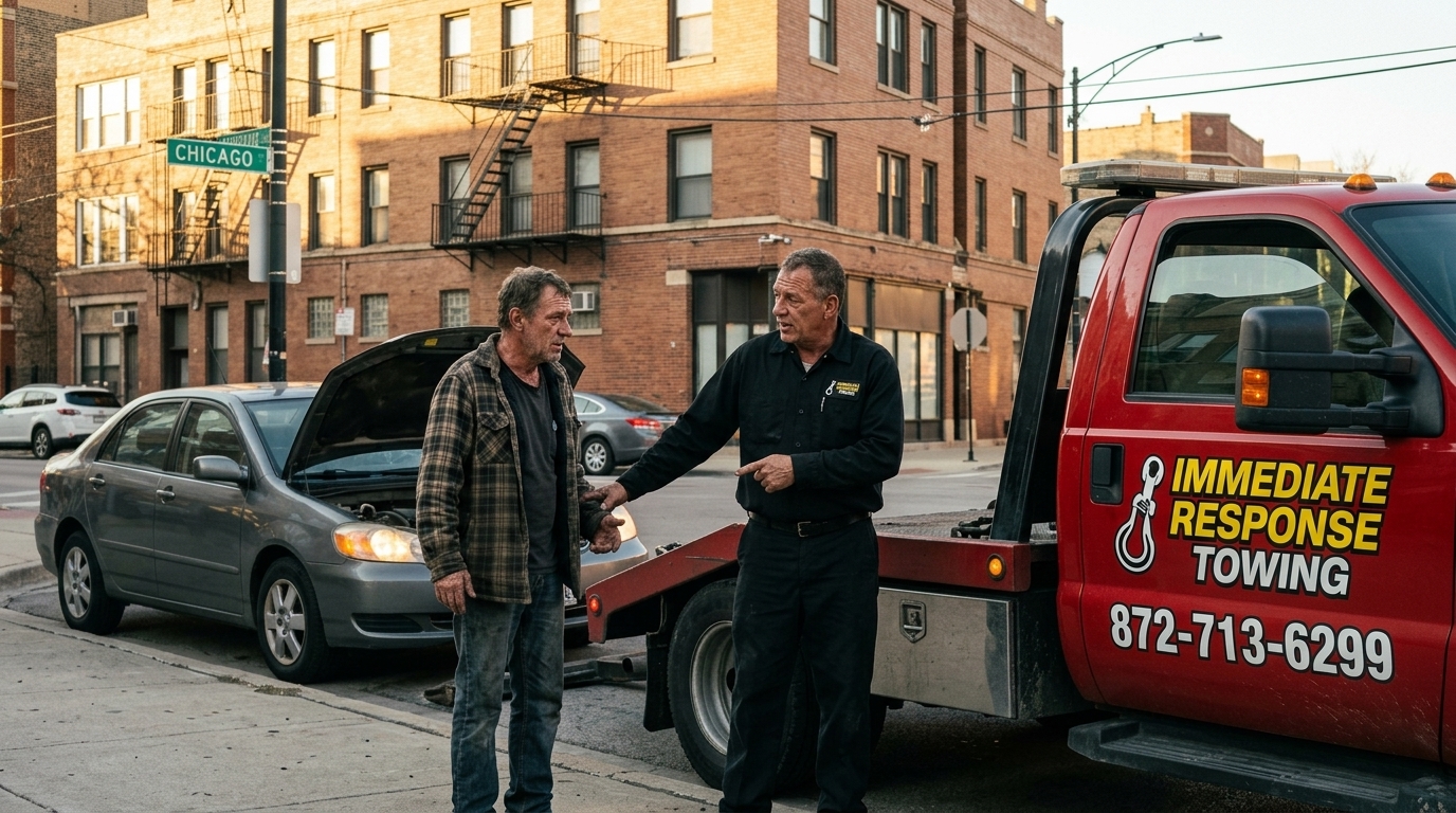 Immediate Response Towing operator explaining the tow to a driver beside a stalled sedan