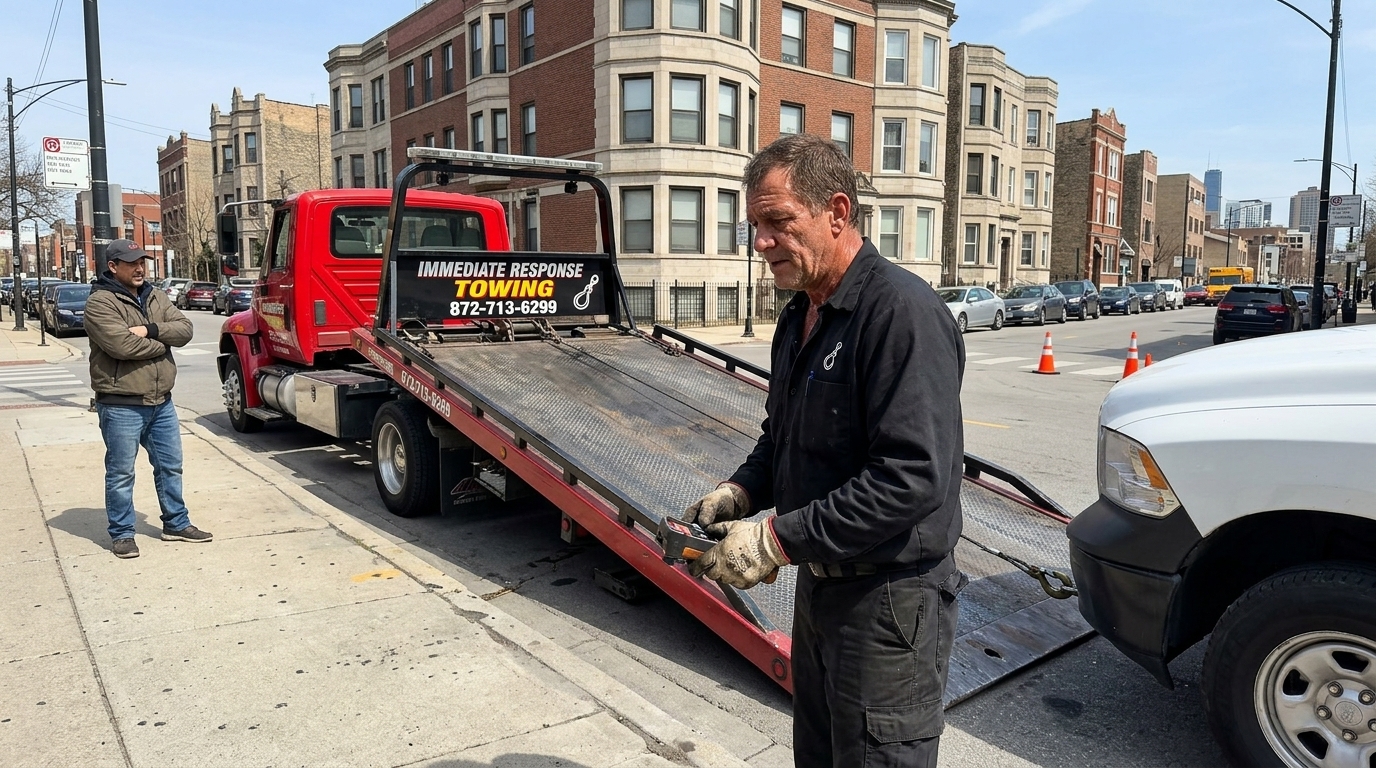 Immediate Response Towing operator loading a pickup truck onto a flatbed in Chicago