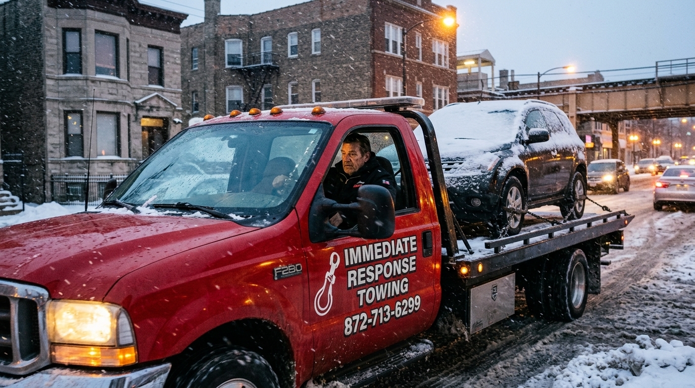 Immediate Response Towing truck carrying an SUV through a snowy Chicago street at dusk