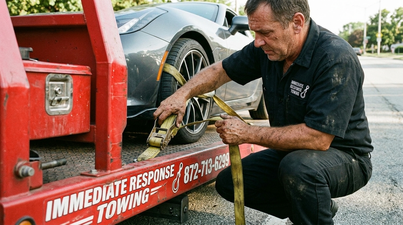 Immediate Response Towing operator securing an exotic car with soft tie down straps