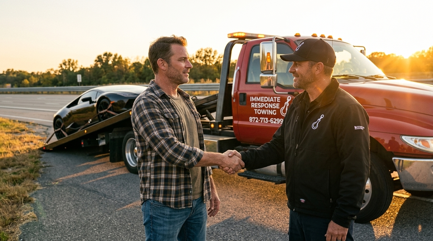 Exotic car owner thanking Immediate Response Towing after a safe flatbed delivery