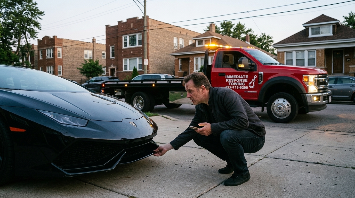 Exotic car owner waiting for a flatbed tow truck beside his low supercar