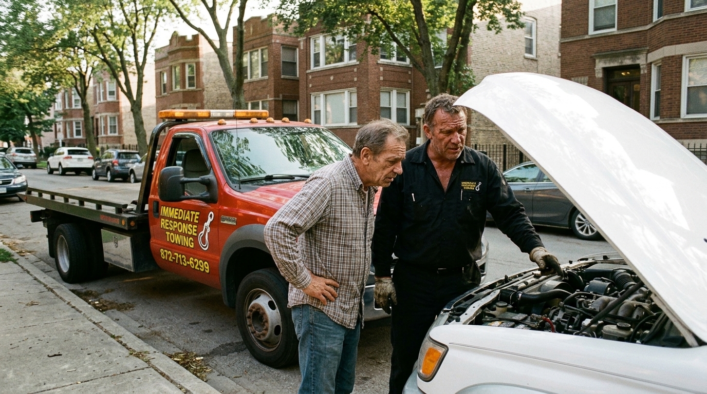 Immediate Response Towing operator explaining a diagnosis to an SUV owner