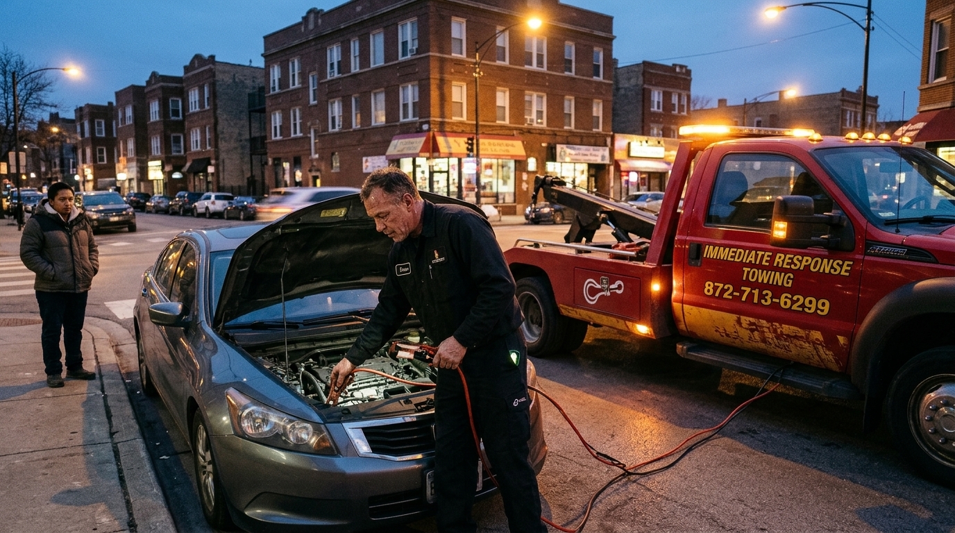 Immediate Response Towing truck carrying a sedan through a Chicago street at sunset