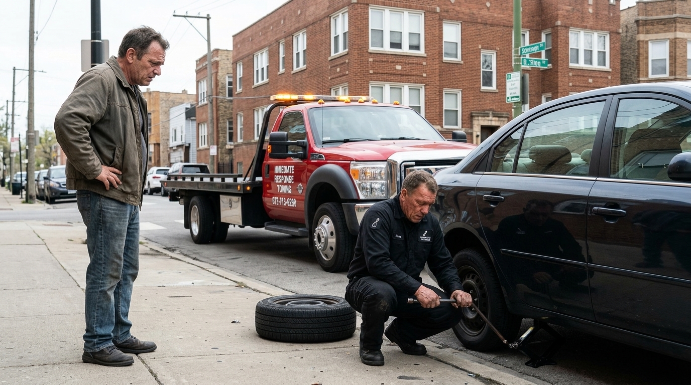 Immediate Response Towing operator changing a flat tire for a driver on a Chicago street