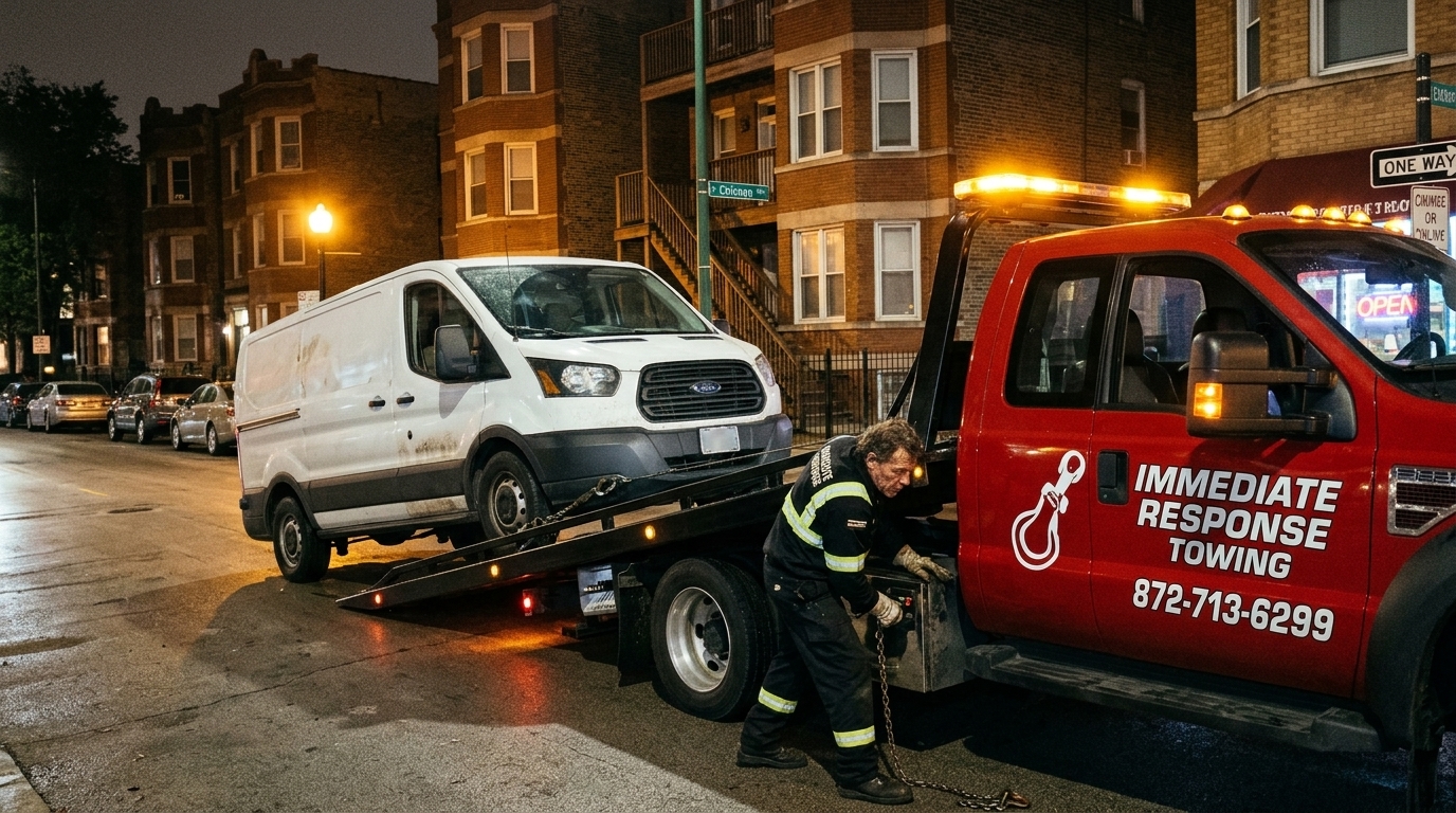 Immediate Response Towing crew helping a stalled delivery van at night in Chicago Immediate Response Towing crew helping a stalled delivery van at night in Chicago
