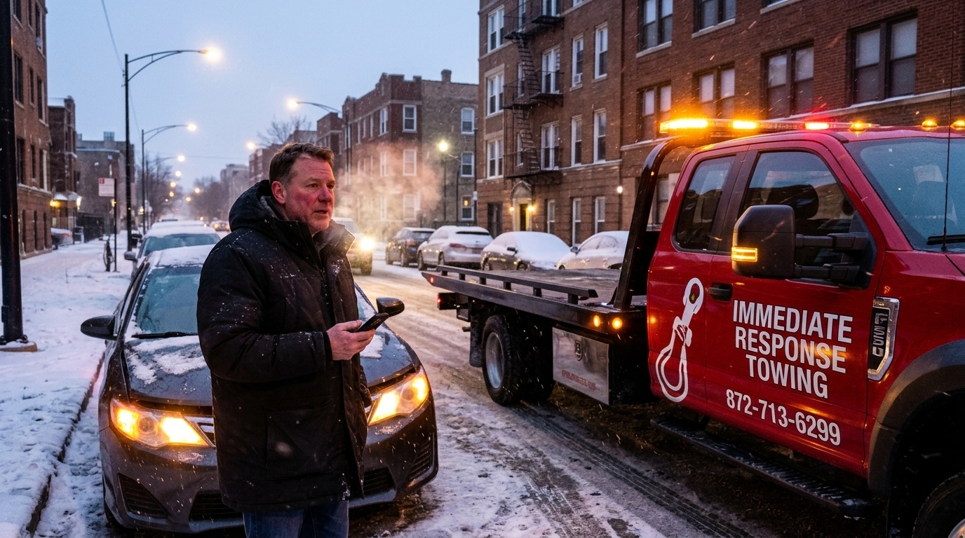A driver in a heavy winter coat stands beside a stalled car on a snowy Chicago street, breath visible in the cold, phone in hand. A red Immediate Response Towing truck with the company logo (the photo ive sent is the logo) and the number 872-713-6299 approaches through light snow. His skin is red from the cold, with wrinkles and a little sweat. Soft evening light, realistic proportions, candid photo feel. A driver in a heavy winter coat stands beside a stalled car on a snowy Chicago street, breath visible in the cold, phone in hand. A red Immediate Response Towing truck with the company logo (the photo ive sent is the logo) and the number 872-713-6299 approaches through light snow. His skin is red from the cold, with wrinkles and a little sweat. Soft evening light, realistic proportions, candid photo feel.