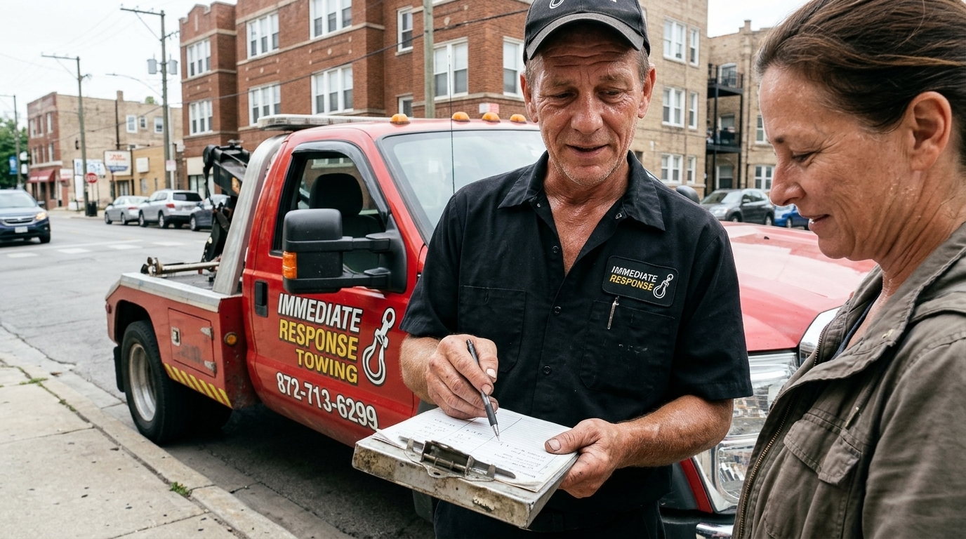 A tow operator in branded black uniform shows a customer the total price on a clipboard beside a red Immediate Response Towing truck on a Chicago curb. The truck has the company logo (the photo ive sent is the logo) and the number 872-713-6299. Both people have rough, wrinkled skin with light sweat. The customer nods in relief. Bright daylight, honest and friendly mood, very realistic, candid photoshoot style. A tow operator in branded black uniform shows a customer the total price on a clipboard beside a red Immediate Response Towing truck on a Chicago curb. The truck has the company logo (the photo ive sent is the logo) and the number 872-713-6299. Both people have rough, wrinkled skin with light sweat. The customer nods in relief. Bright daylight, honest and friendly mood, very realistic, candid photoshoot style.