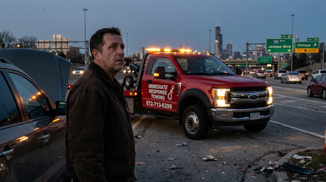 Stranded driver watching a red Immediate Response Towing tow truck arrive on a Chicago roadside