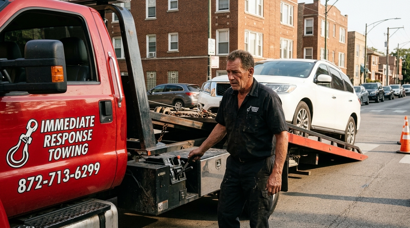 Immediate Response Towing operator loading an SUV onto a red flatbed tow truck