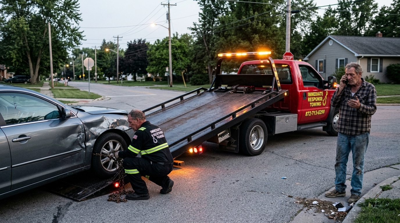 Immediate Response Towing accident towing service securing a damaged car on a flatbed