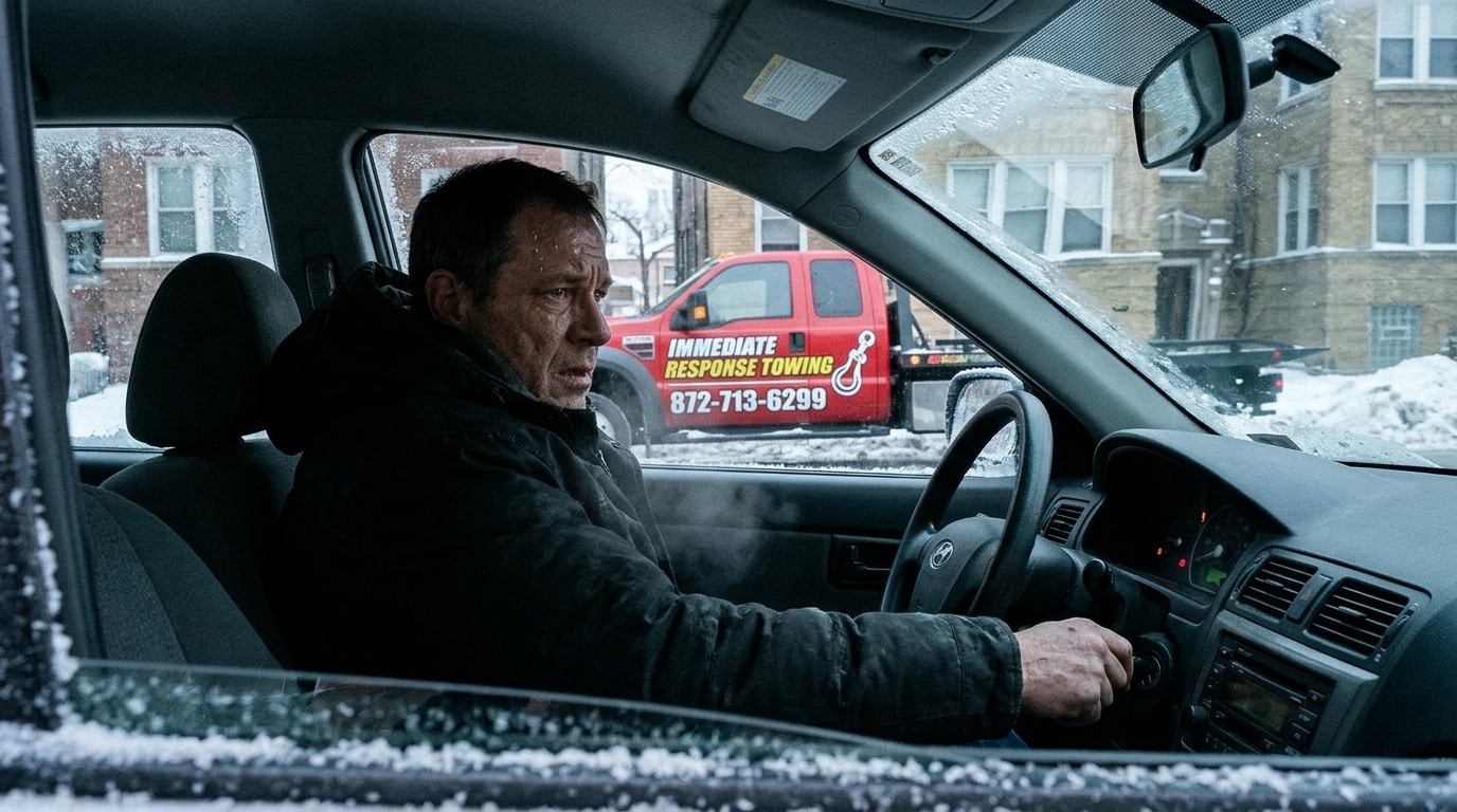 Driver trying to start a car with a weak battery on a cold Chicago morning