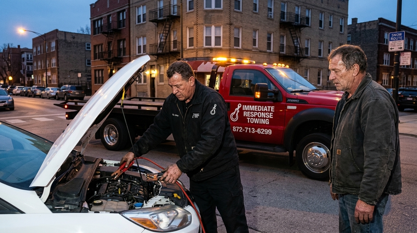 Immediate Response Towing operator jump starting a stalled hatchback for a relieved driver