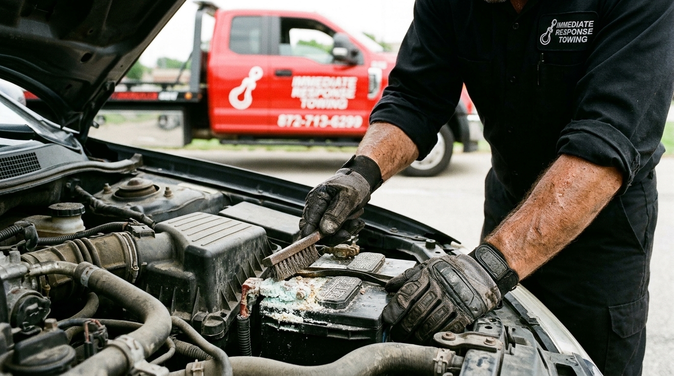 Tow operator in branded black uniform cleaning corrosion from a car battery terminal