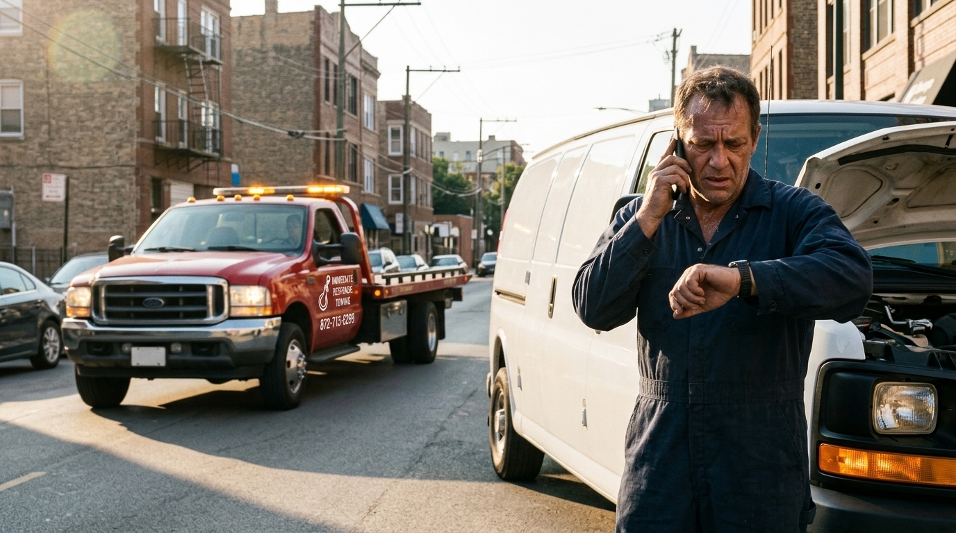 Delivery driver calling for help beside a stalled cargo van as an Immediate Response Towing truck arrives Delivery driver calling for help beside a stalled cargo van as an Immediate Response Towing truck arrives