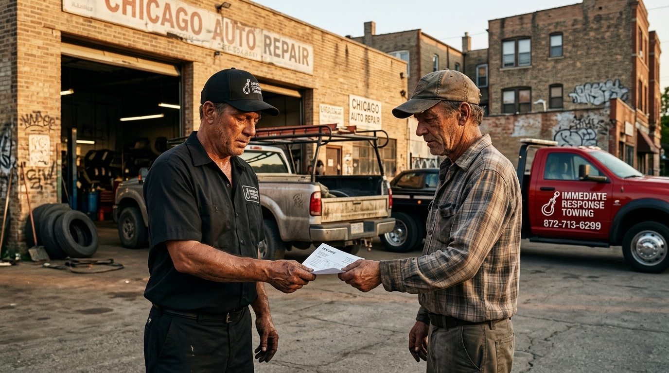 Immediate Response Towing operator handing an invoice to a business owner after delivering a work truck Immediate Response Towing operator handing an invoice to a business owner after delivering a work truck