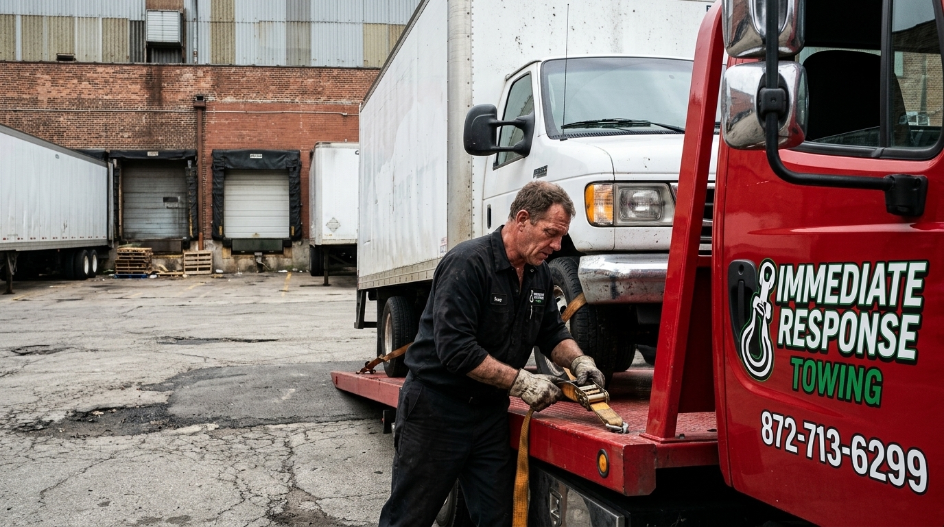 Immediate Response Towing operator securing a box truck on a heavy duty flatbed Immediate Response Towing operator securing a box truck on a heavy duty flatbed