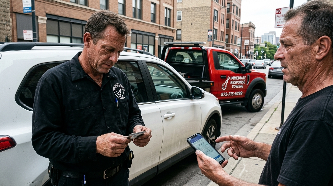Immediate Response Towing technician verifying a customer’s ID before a car lockout