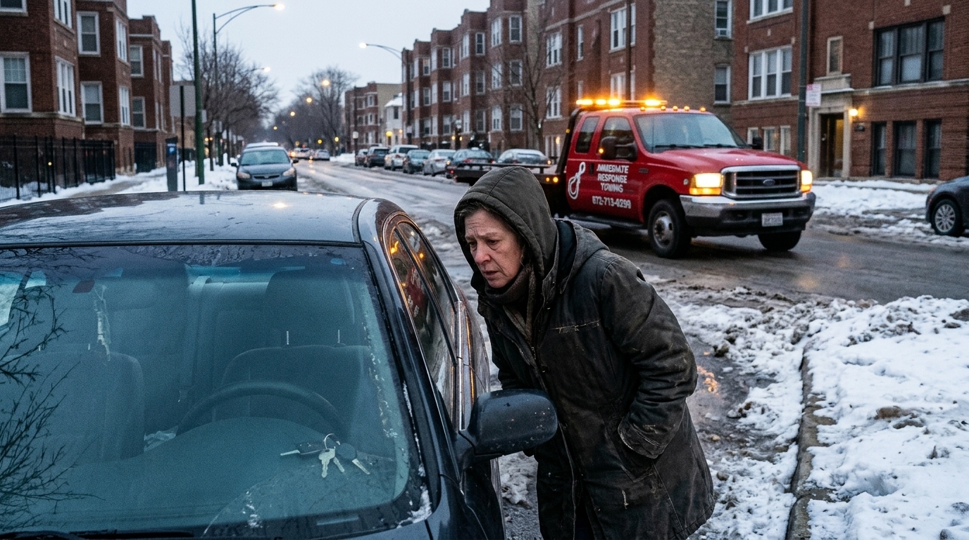 Driver locked out of her car on a cold Chicago street as an Immediate Response Towing truck approaches