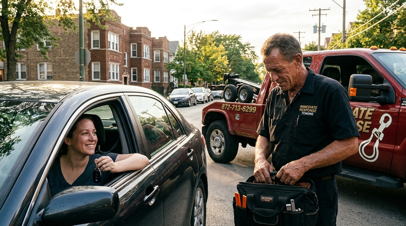 Relieved driver back in her car after an Immediate Response Towing lockout service