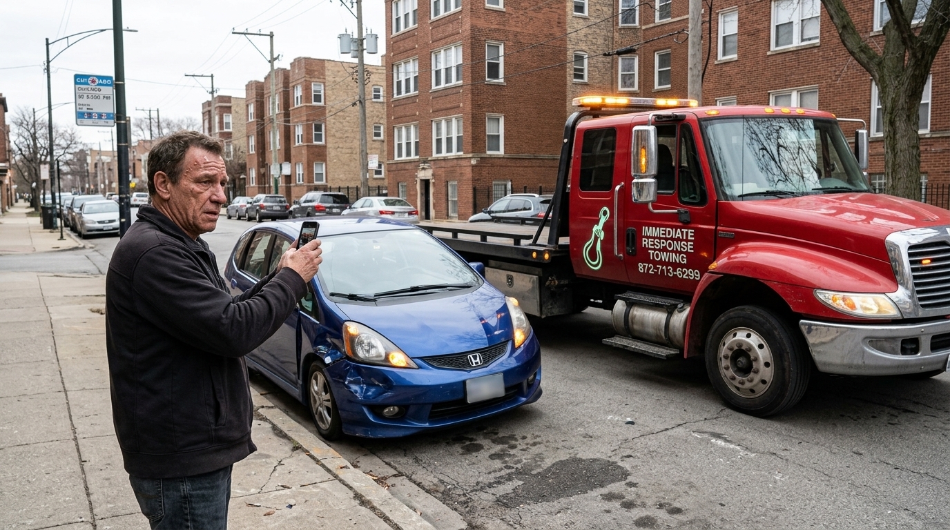 Driver photographing minor accident damage while an Immediate Response Towing truck arrives