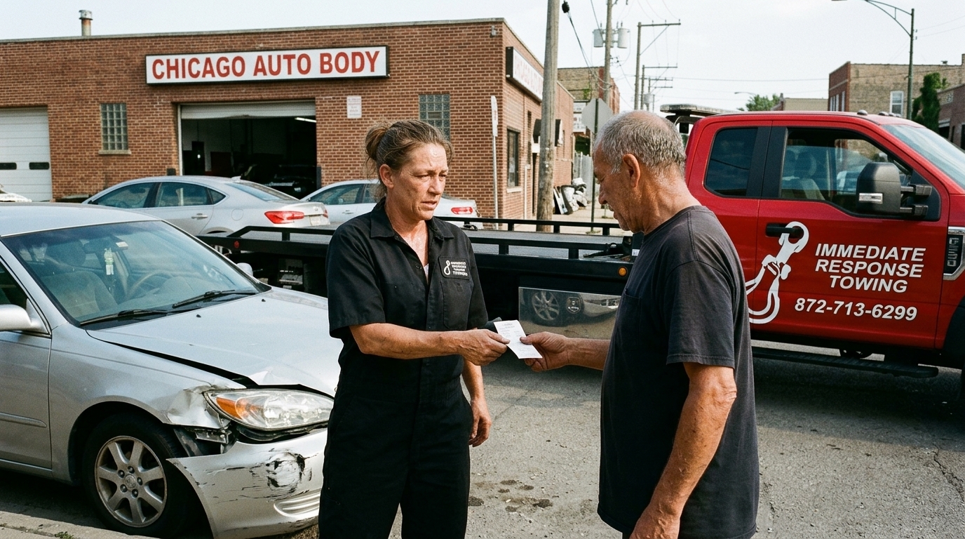 Immediate Response Towing operator handing a receipt to a customer at a body shop after an accident tow