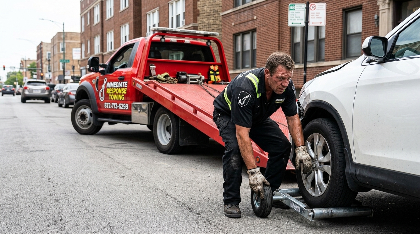 Immediate Response Towing operator using a wheel dolly to move a damaged SUV