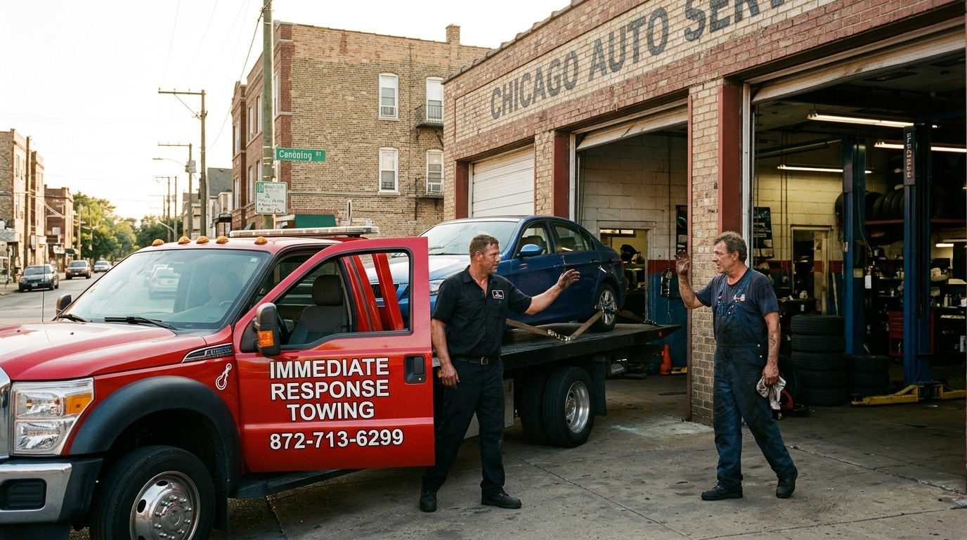 mmediate Response Towing truck delivering a car that would not start to a Chicago repair shop