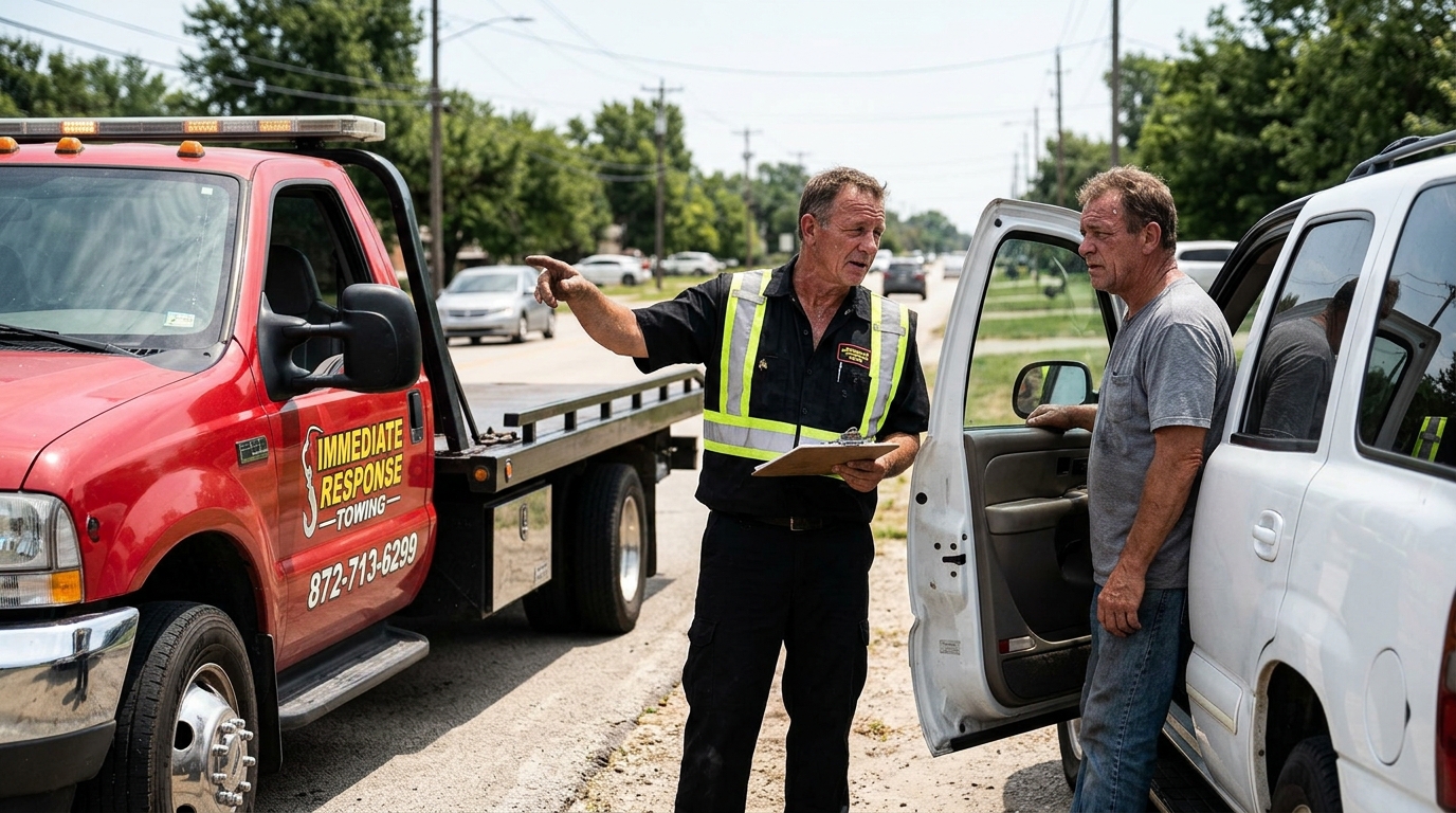 Immediate Response Towing operator explaining how a car that will not start will be loaded