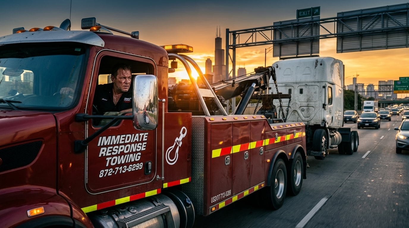 Immediate Response Towing wrecker towing a semi tractor along a Chicago highway at sunset Immediate Response Towing wrecker towing a semi tractor along a Chicago highway at sunset