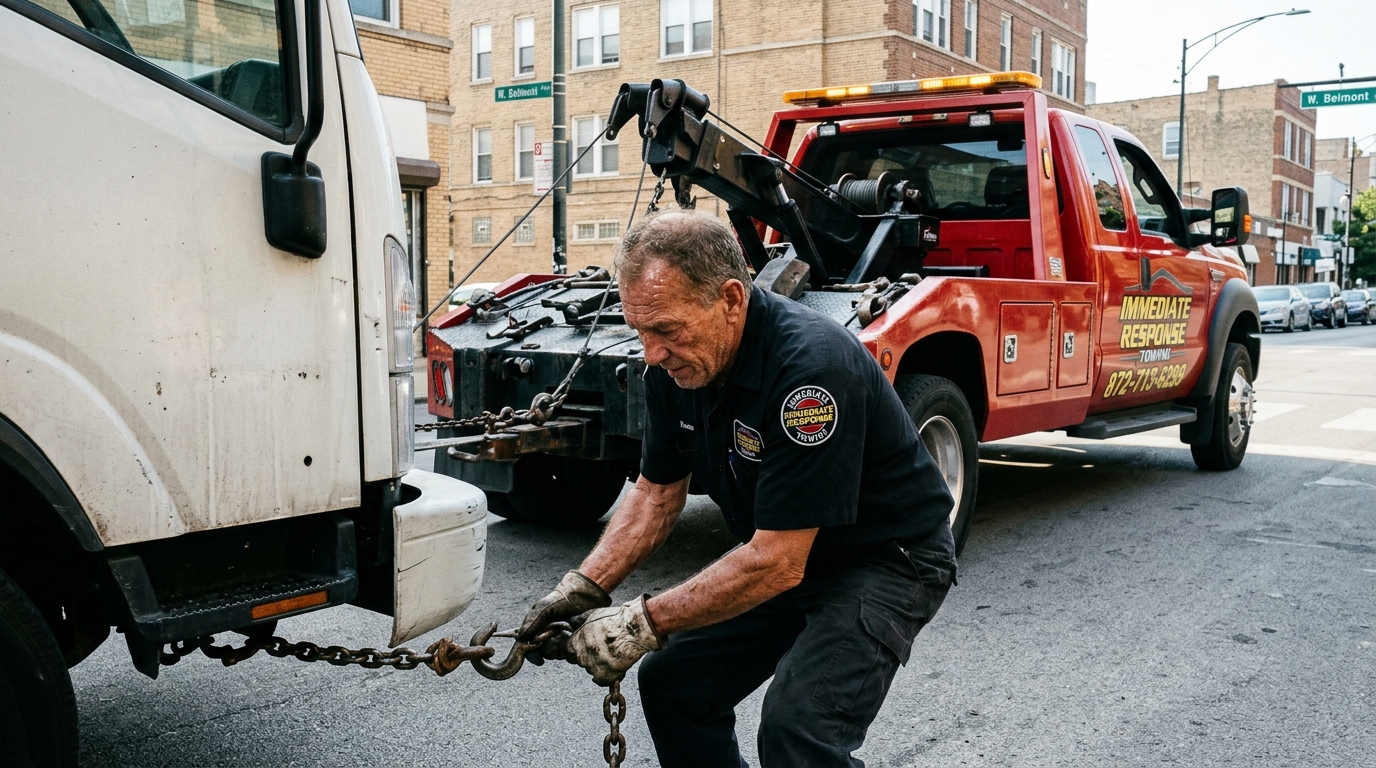 Immediate Response Towing operator hooking up a box truck to a heavy duty wrecker Immediate Response Towing operator hooking up a box truck to a heavy duty wrecker
