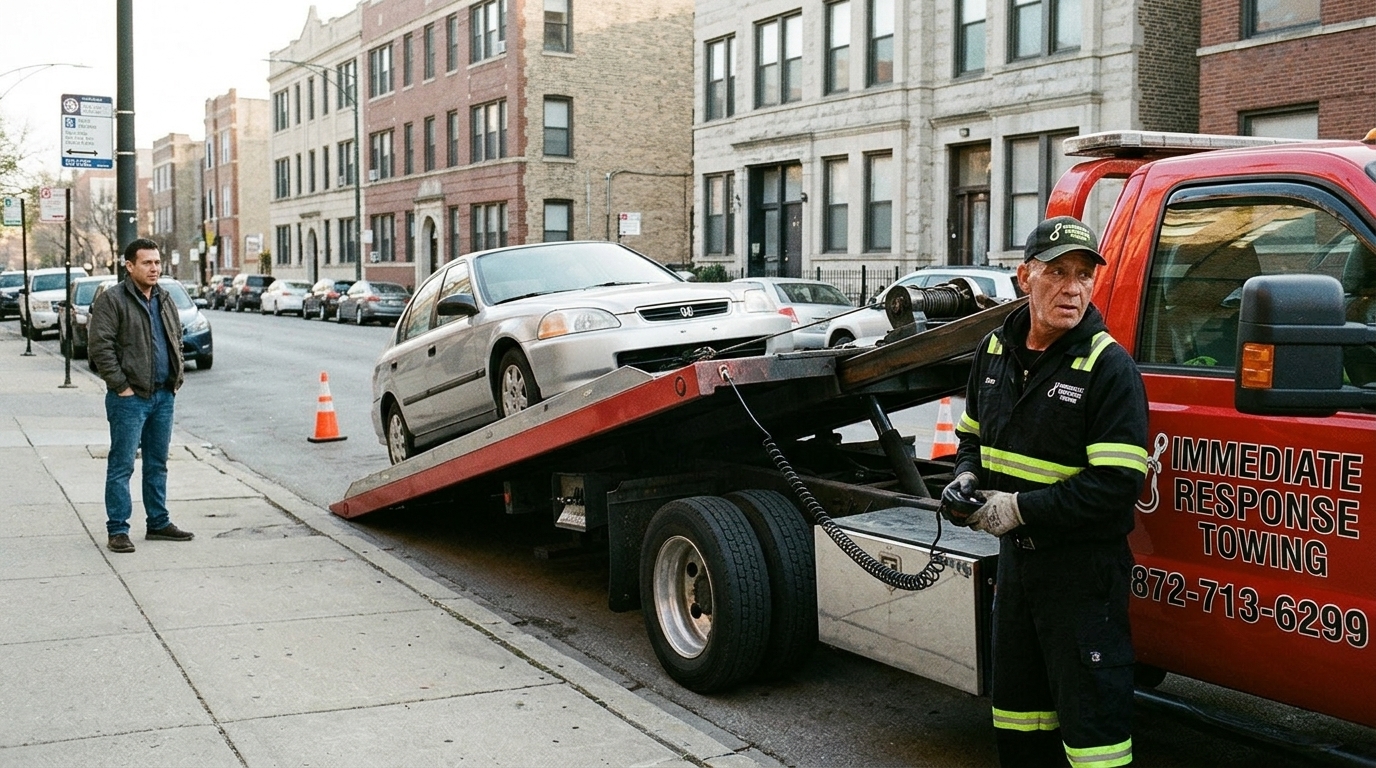 Immediate Response Towing operator loading a sedan onto a light duty flatbed Immediate Response Towing operator loading a sedan onto a light duty flatbed