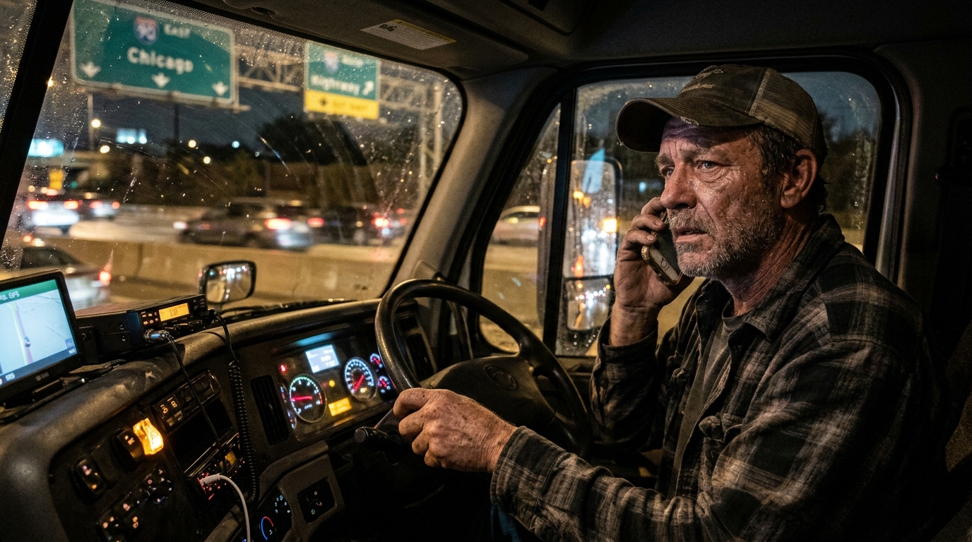 Stressed semi truck driver calling for towing help from his cab on a Chicago expressway at night