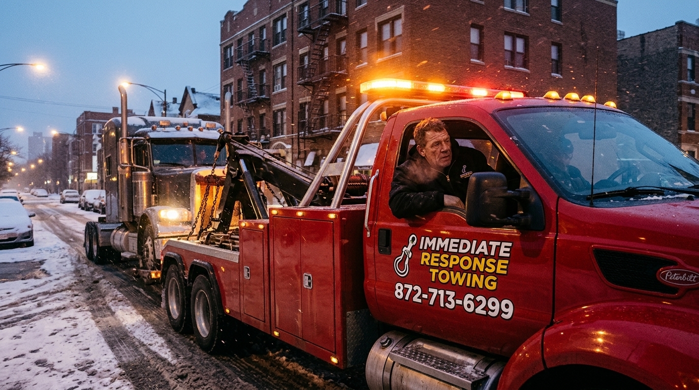 Heavy duty wrecker towing a semi truck through a snowy Chicago street at dusk