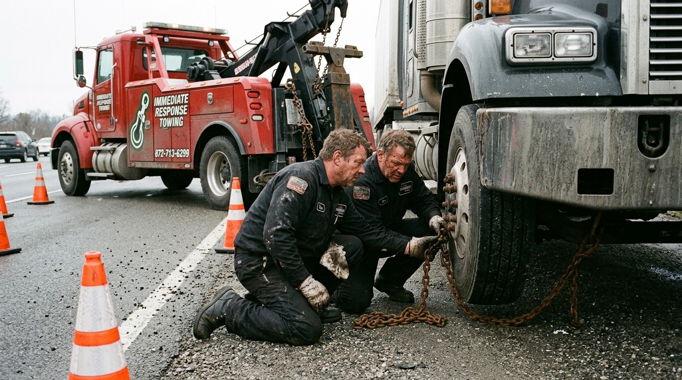 Immediate Response Towing crew in black uniforms rigging chains to a stalled semi truck in Chicago