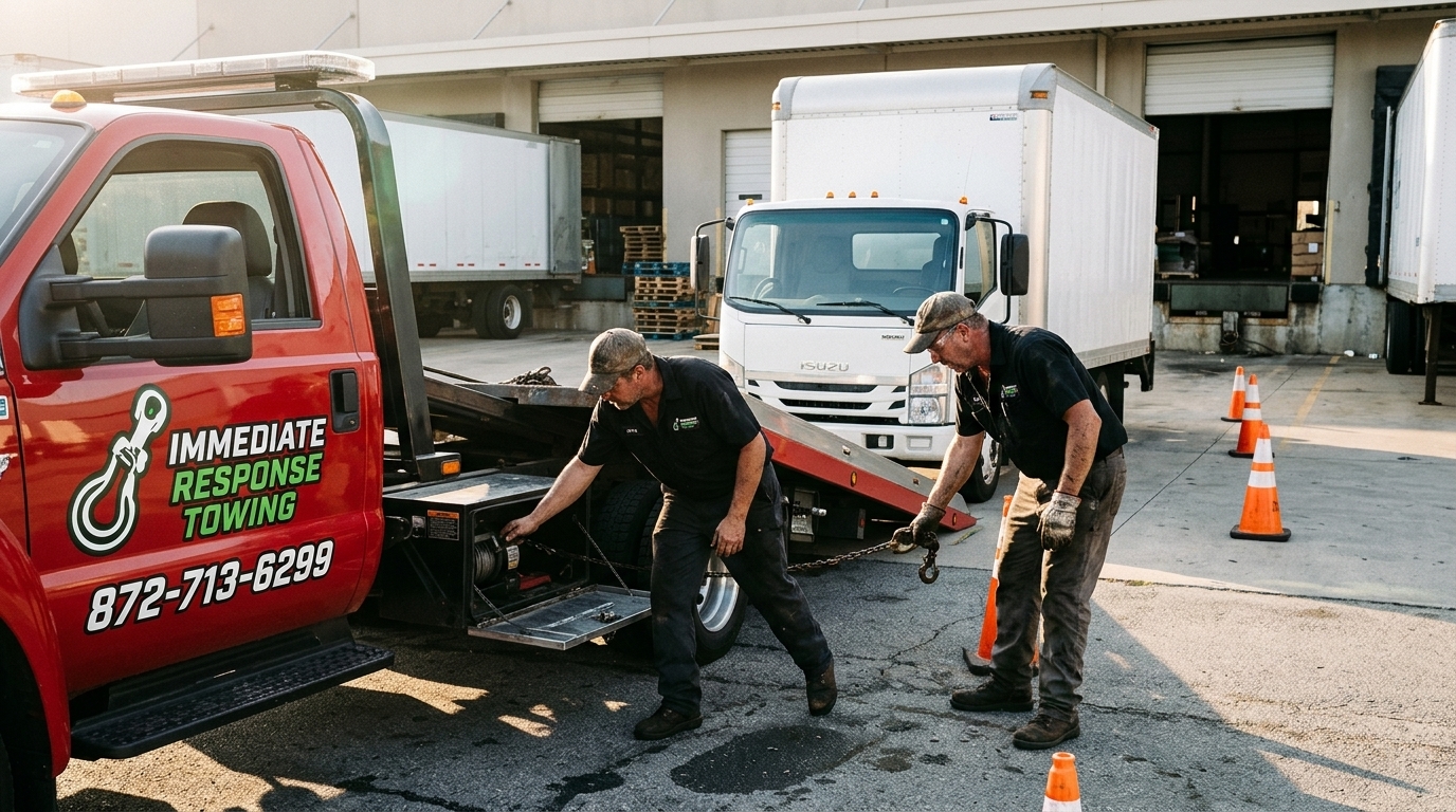 Immediate Response Towing crew in black uniforms loading a box truck onto a flatbed at a Chicago warehouse Immediate Response Towing crew in black uniforms loading a box truck onto a flatbed at a Chicago warehouse