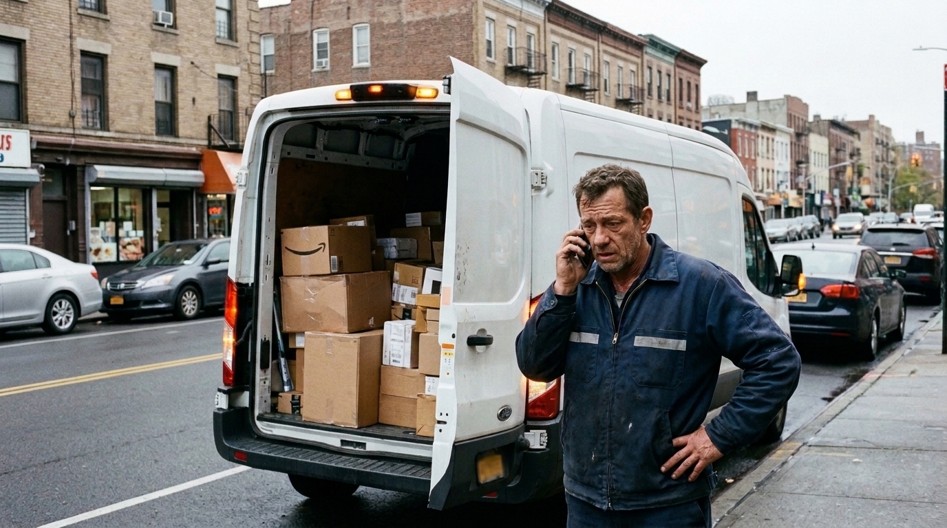 Delivery van driver calling for a commercial tow after a breakdown on a Chicago street Delivery van driver calling for a commercial tow after a breakdown on a Chicago street