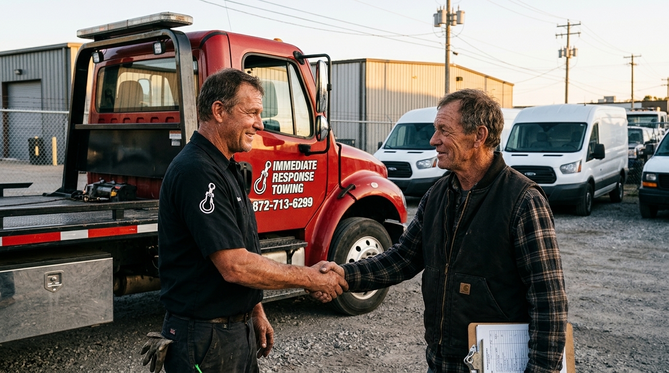 Tow operator and fleet owner shaking hands in a Chicago truck yard beside a red Immediate Response Towing truck Tow operator and fleet owner shaking hands in a Chicago truck yard beside a red Immediate Response Towing truck