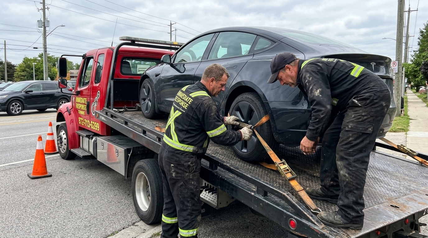 Immediate Response Towing crew in black uniforms securing an electric car on a flatbed in Chicago