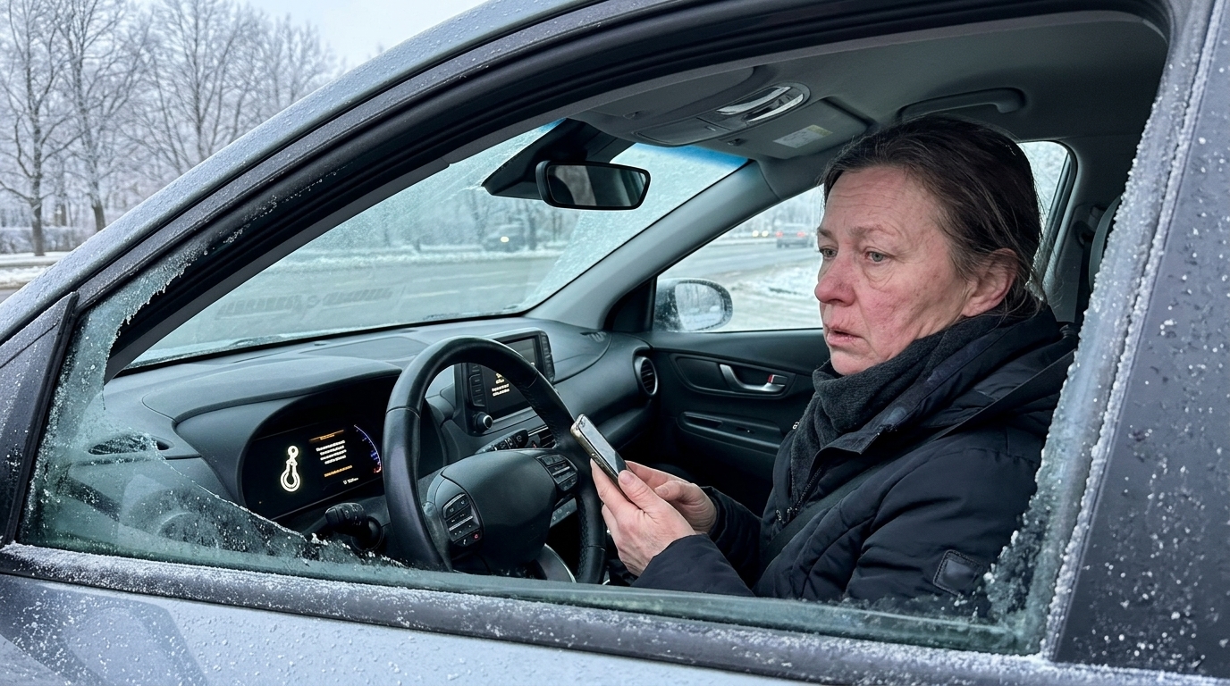 Driver checking the dashboard of a stalled electric car on a cold Chicago morning