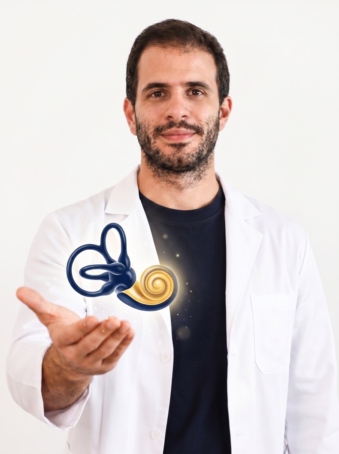 Dr. Ignacio Alcalá sosteniendo un modelo del oído interno