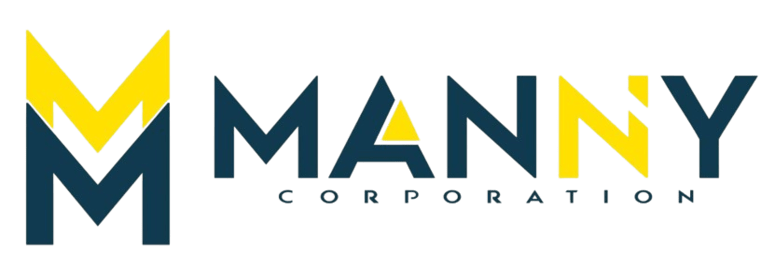 Logotipo da Manny Corporation, empresa de serviços de limpeza, com a letra "M" estilizada em amarelo e azul, refletindo profissionalismo e qualidade.