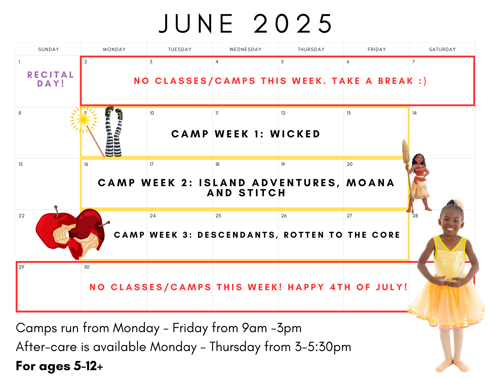 June 2025 summer dance camp schedule at Academy of Dance, Music & Theatre in West Palm Beach, FL. Weekly themed camps for kids ages 5-12. Camp Week 1 (June 10-14): Wicked. Camp Week 2 (June 17-21): Island Adventures, Moana, and Stitch. Camp Week 3 (June 24-28): Descendants, Rotten to the Core. No classes or camps June 2-7 and June 29-July 5 for break and 4th of July holiday. Camps run Monday-Friday, 9 AM - 3 PM, with aftercare available Monday-Thursday from 3-5:30 PM