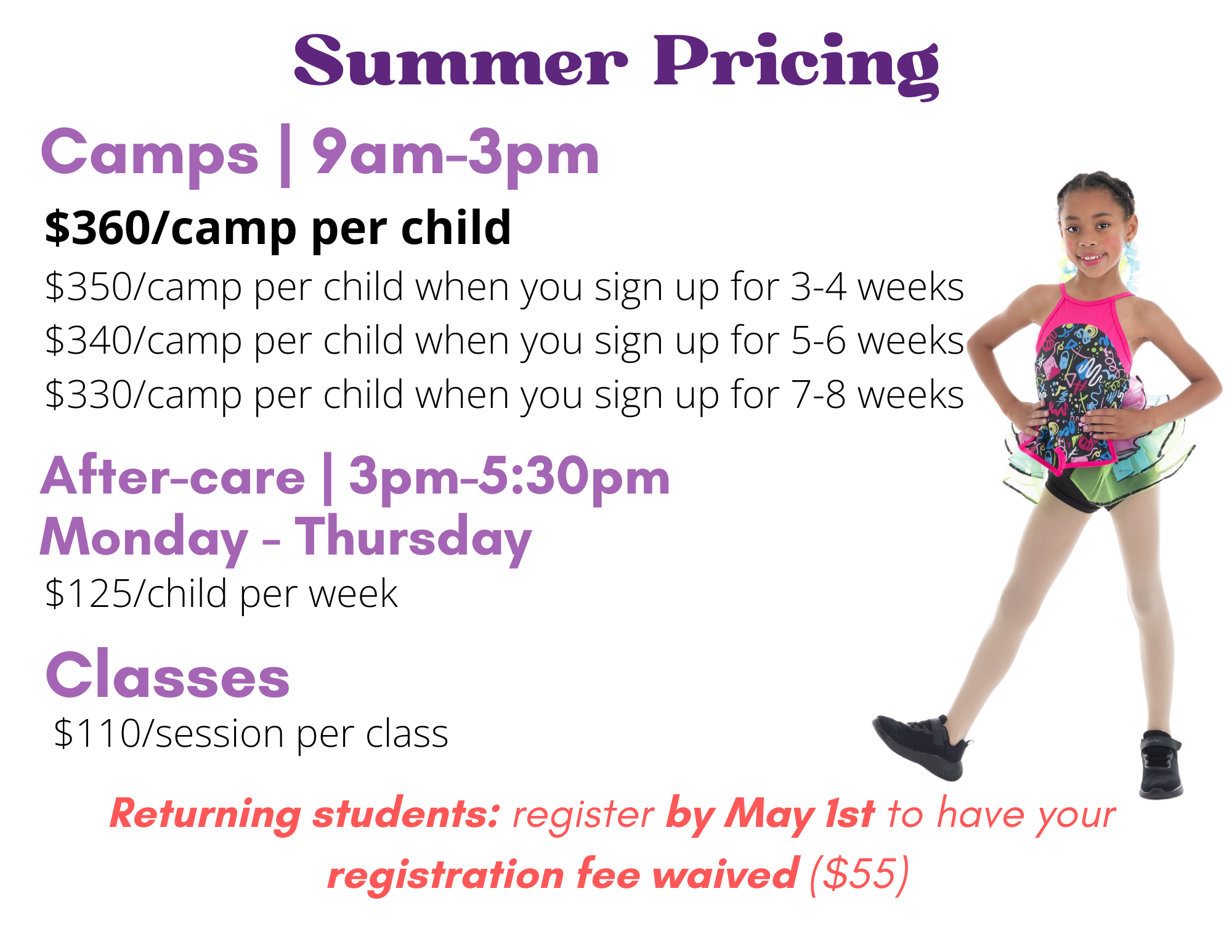 Summer 2025 dance camp pricing at Academy of Dance, Music & Theatre in West Palm Beach, FL. Camps run Monday-Friday, 9 AM - 3 PM, with aftercare available Monday-Thursday, 3 PM - 5:30 PM. Pricing starts at $360 per child, with discounts for multi-week enrollment ($350 for 3-4 weeks, $340 for 5-6 weeks, and $330 for 7-8 weeks). Classes available for $110 per session. Returning students can register by May 1st to waive the $55 registration fee. More details at www.AcademyDMT.com