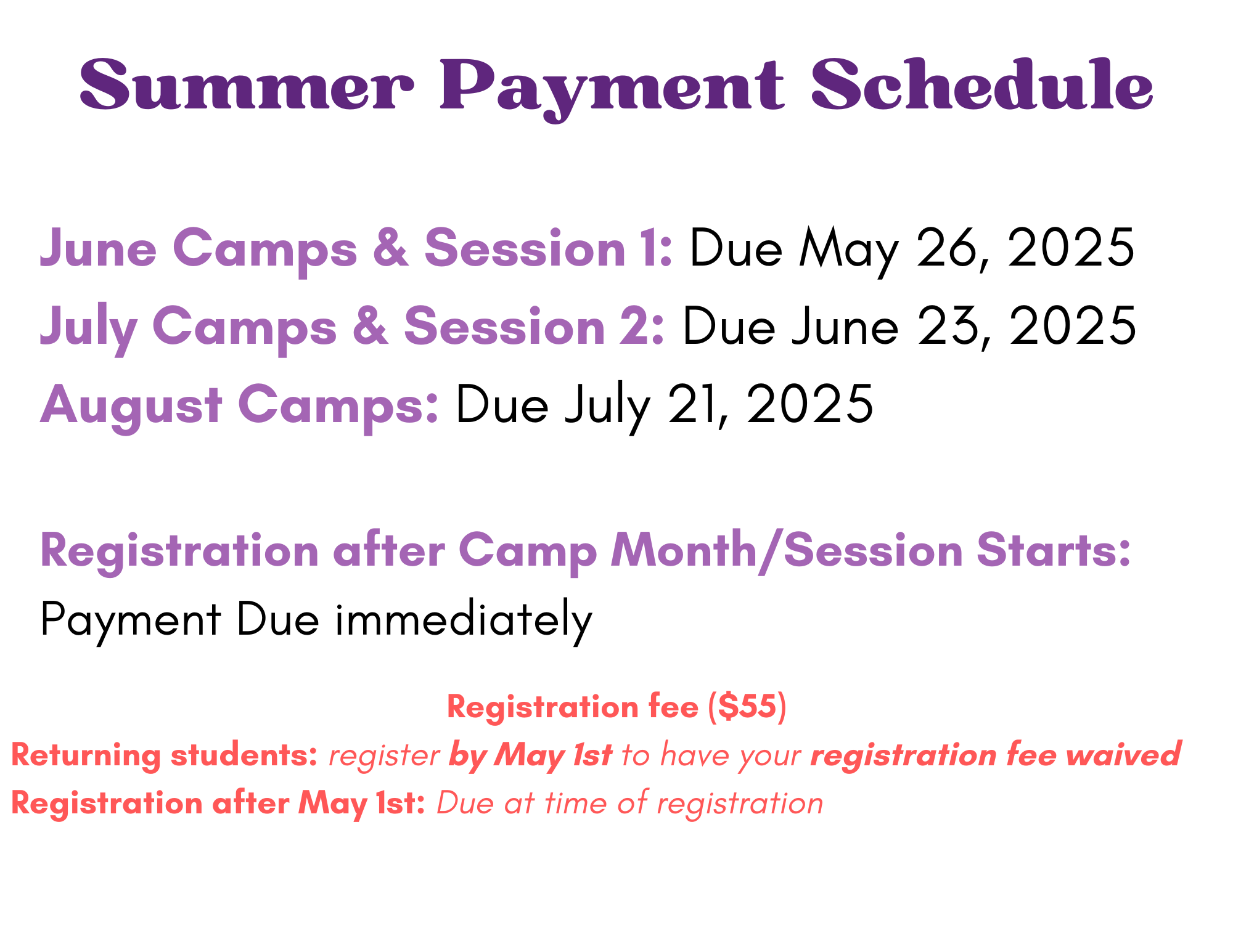 Summer camp and class payment schedule for Academy of Dance, Music & Theatre in West Palm Beach, FL. Payment deadlines: June camps due May 26, July camps due June 23, and August camps due July 21. Late registrations require immediate payment. Registration fee is $55, but returning students who register by May 1st have the fee waived. Full payment details available at www.AcademyDMT.com