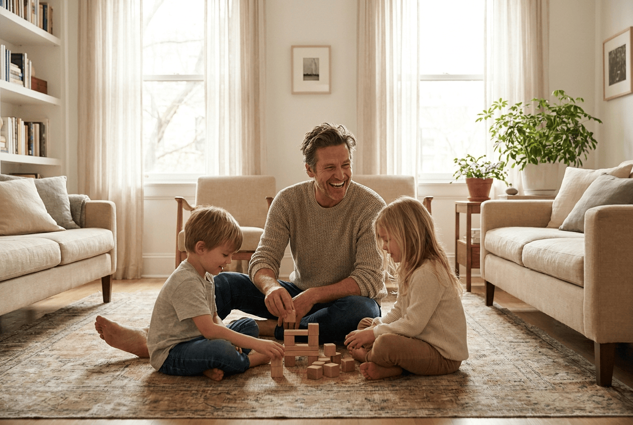 A father sitting on the living room floor, laughing while playing blocks with his two young children