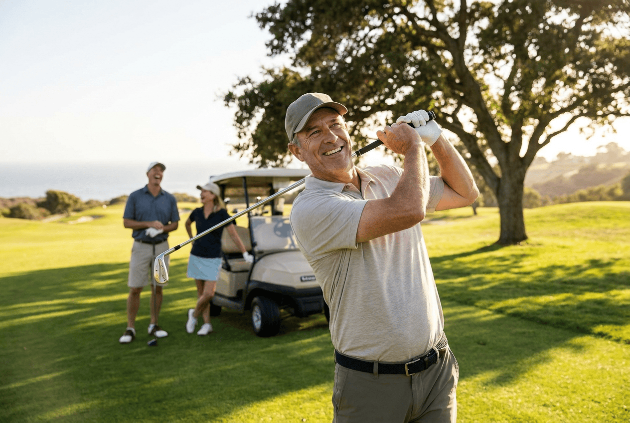 A man mid-swing on a sunny golf course, smiling and confident