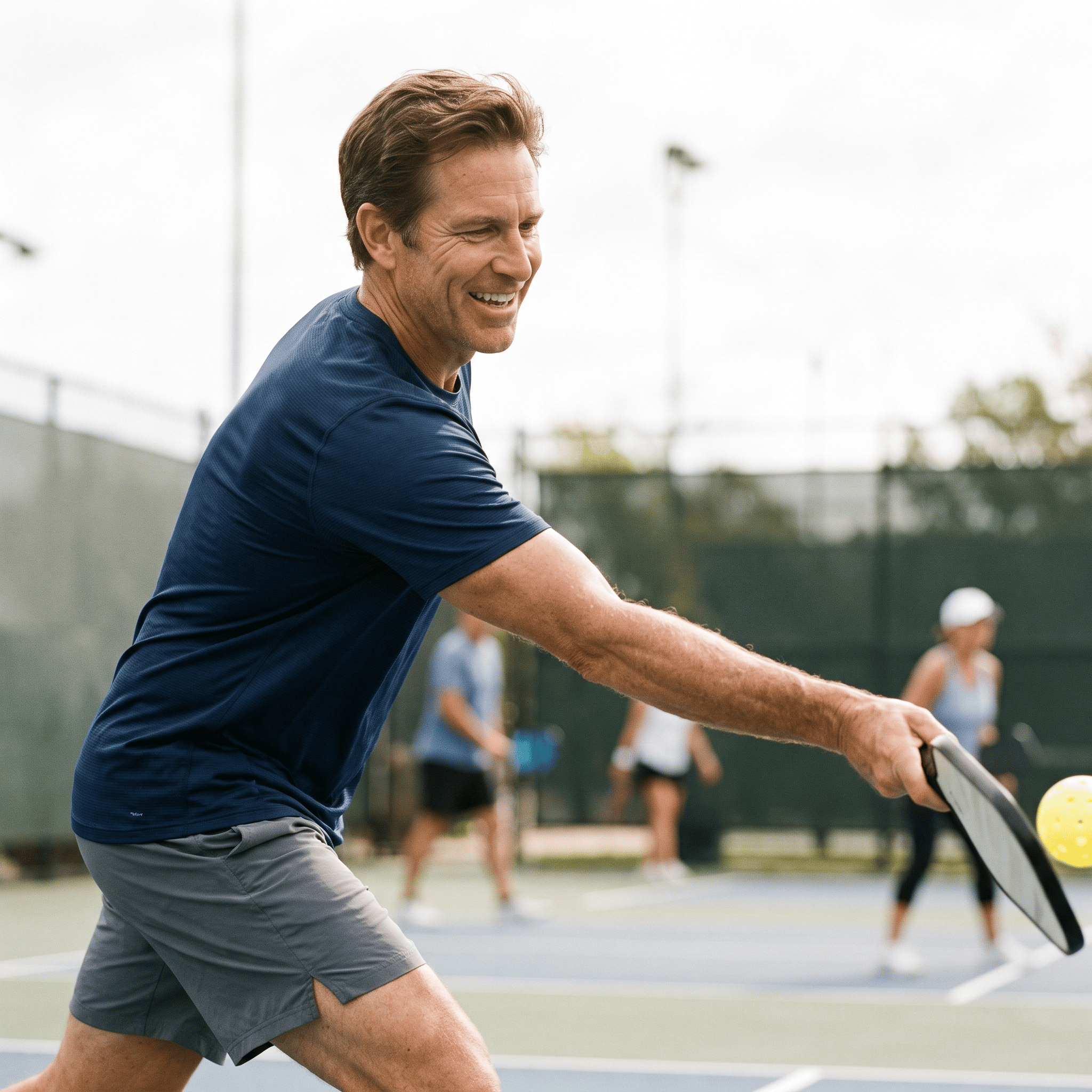 Playing pickleball with a confident overhead reach