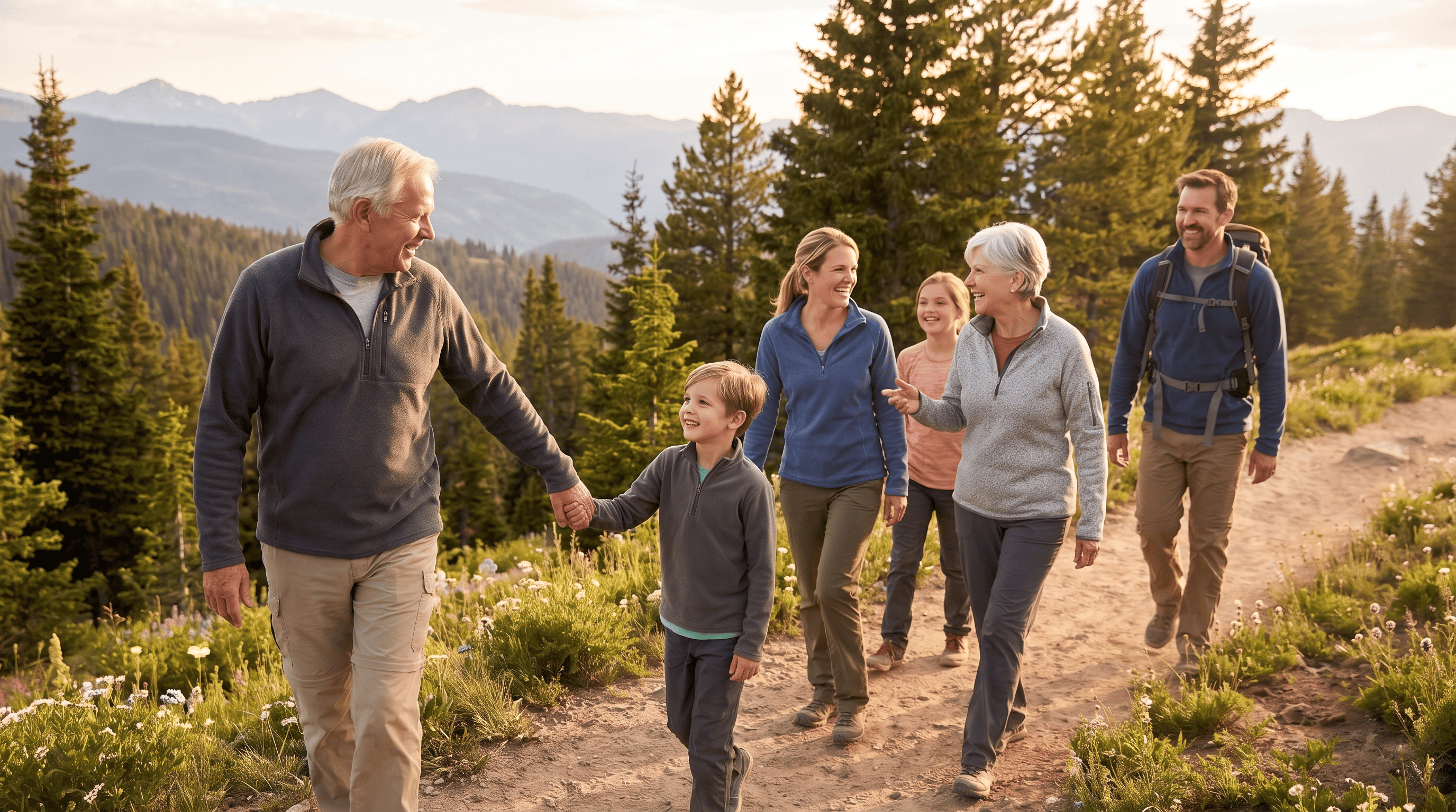 Three generations of a family hiking together on a sunlit trail