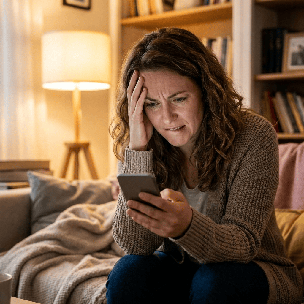 A woman looking at her phone with an overwhelmed expression